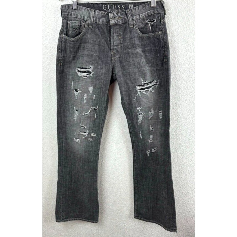 Guess Jeans Mens Size 31 Bootcut Slim Charcoal Wash Falcon Distressed Button Fly